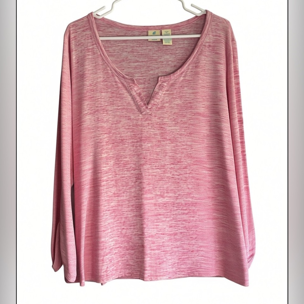 Caribbean Joe Pink Roll Tab Sleeve Top Women’s 2X V-Neck Split